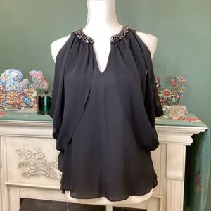 Jennifer Lopez Black Beaded Halter‎ Top With Sheer Sleeves